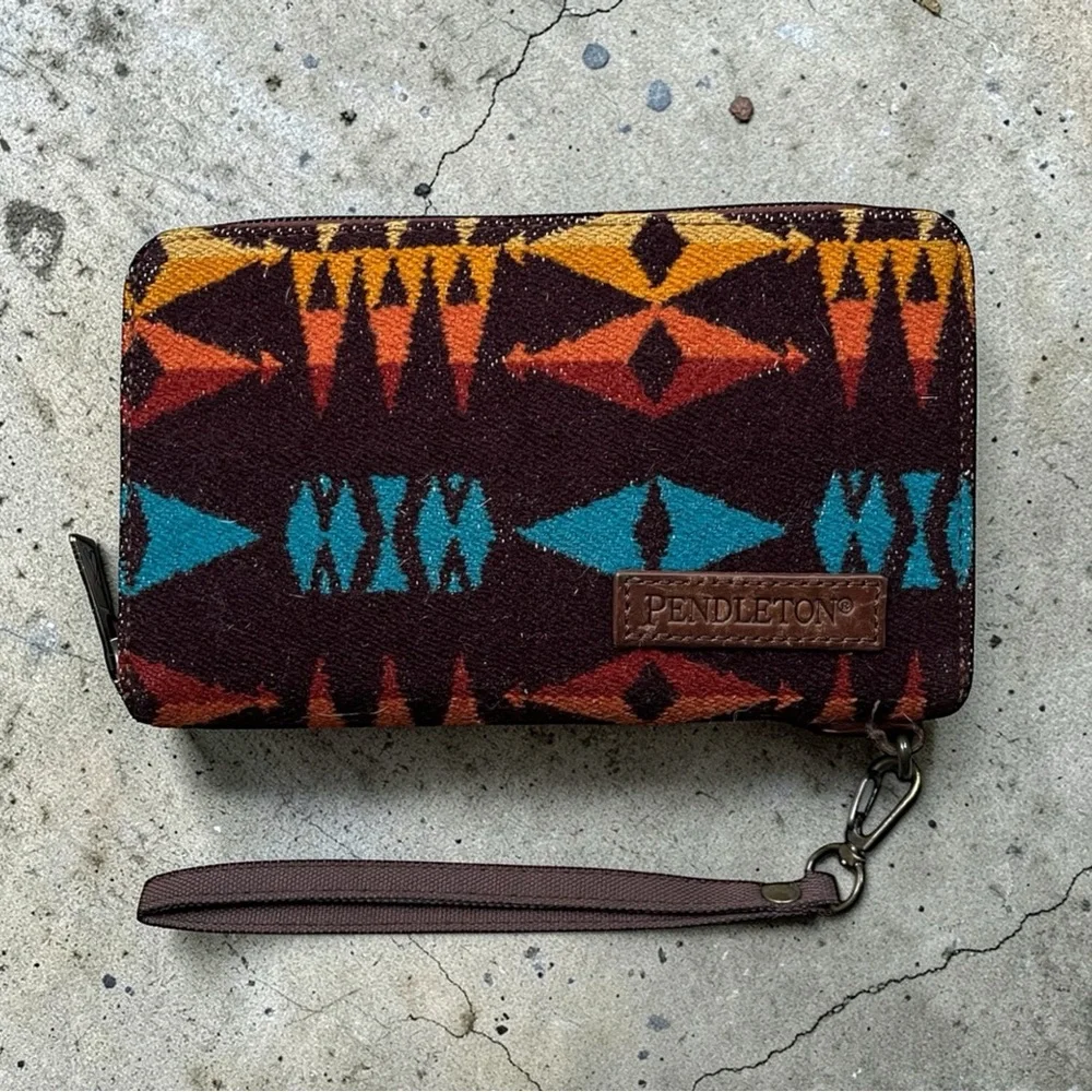 Pendleton Brown Wallet with Teal, Rust & Gold Geometric Pattern
